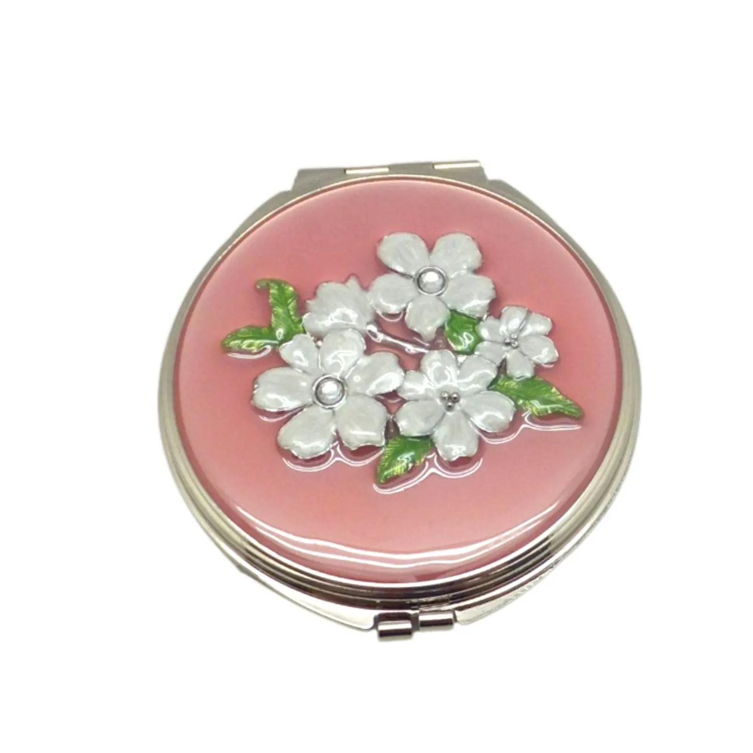 DECORATIVE LADYS ACCESSORIZE PORTABLE POCKET MIRROR FLORAL DESIGN ROUND MAKEUP MIRROR JEWELRY ENAME DOUBLE SIDE SILVER PINK FI