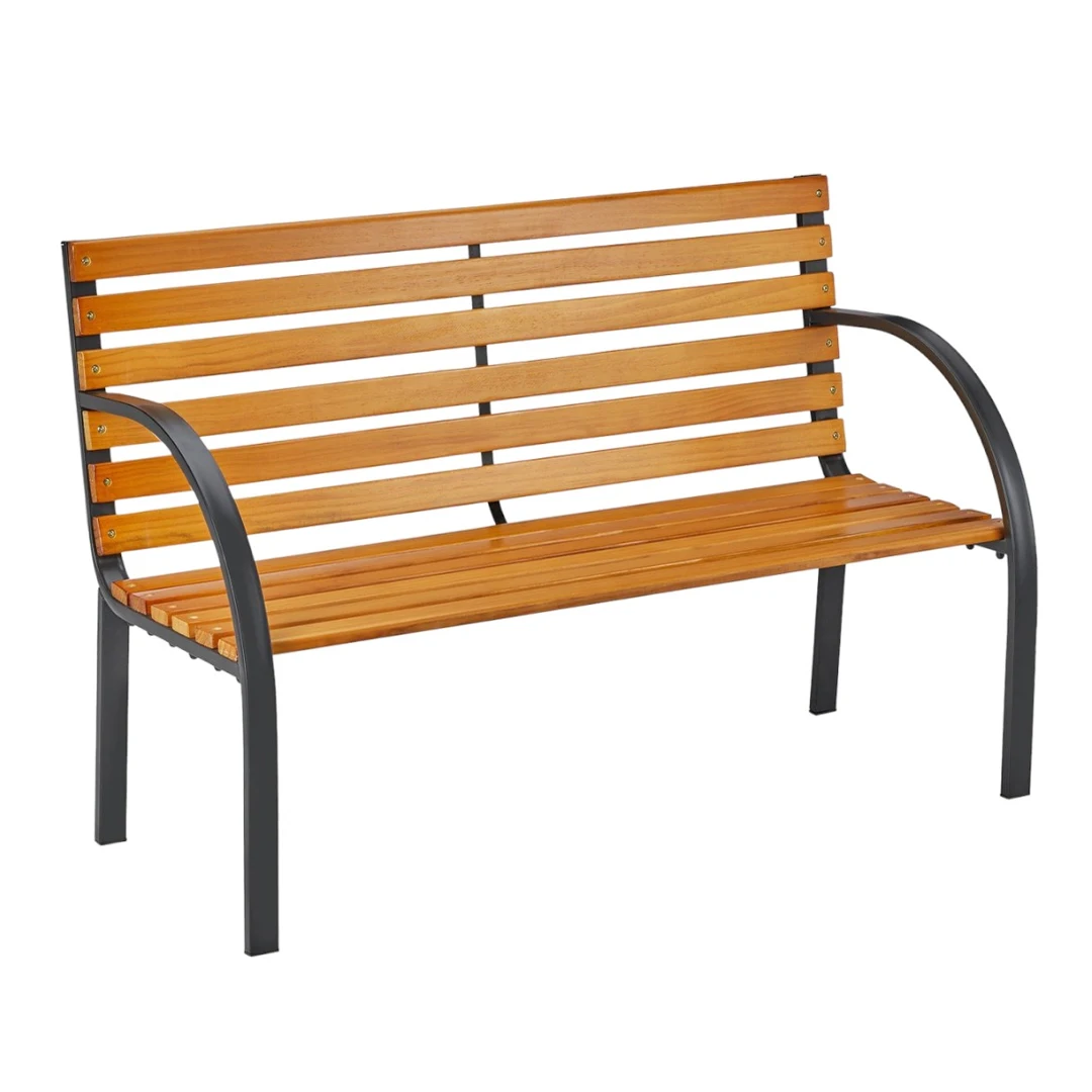 Outdoor Garden Teak Bench With Metal Frame Construction Curved Armrest And Wooden Slats Design