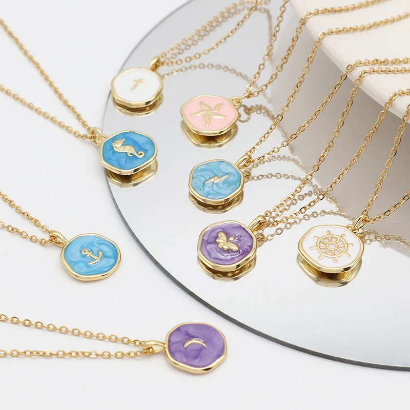 Fashion Round Gold plated stainless steel Chain Enamel Cross Lighting Anchor Moon Butterfly Sea Horse Sea Star Pendant Necklace