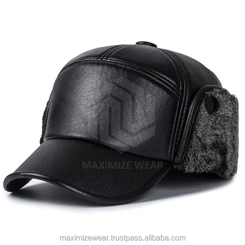 New Warm Winter Cap Black leather Fur Baseball Cap Hats For Men Snapback Women Casquette Dad Caps Gorras Ear flaps Thicken