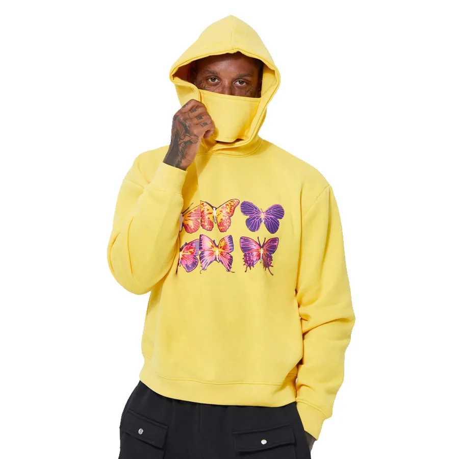 High Street Fashion Men 400 GSM Yellow Heavyweight Screen Printed Design On Front Pullover Hoodie With Snoods For Sale