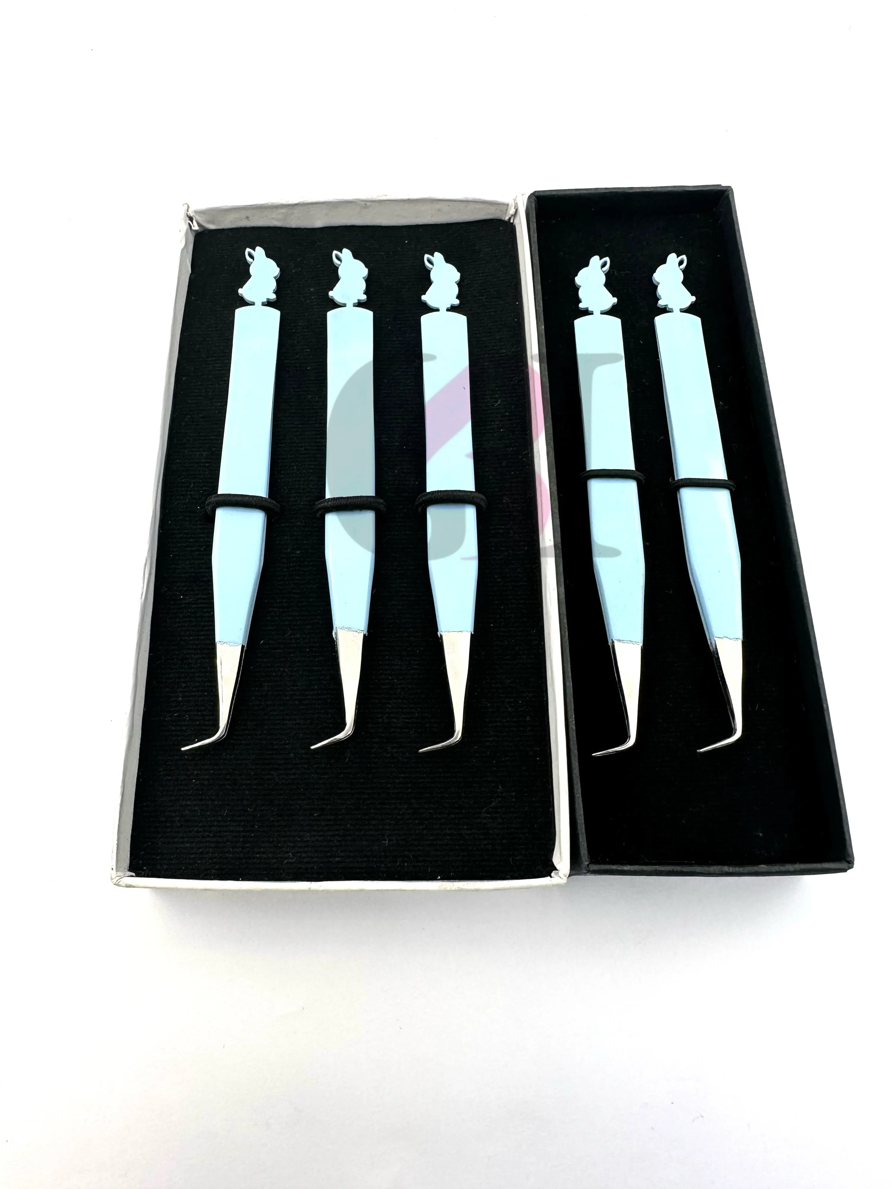 Professional Ice Blue Powder Coating 90 Degree Back Side Bunny Silver Tip Eyelash Extension Tweezer Silver Tip Beauty Instrument