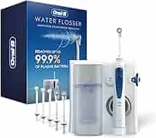 Oral-B Water Flosser, Oral Irrigator Handle with 4 Nozzles, White & Light Blue