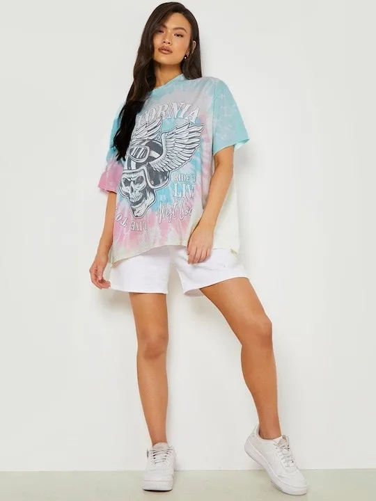 Streetwear Style Custom Logo  Skull Butterfly Pattern Tie Dye Short Sleeve Printed Pure Cotton Oversized Women T-shirt