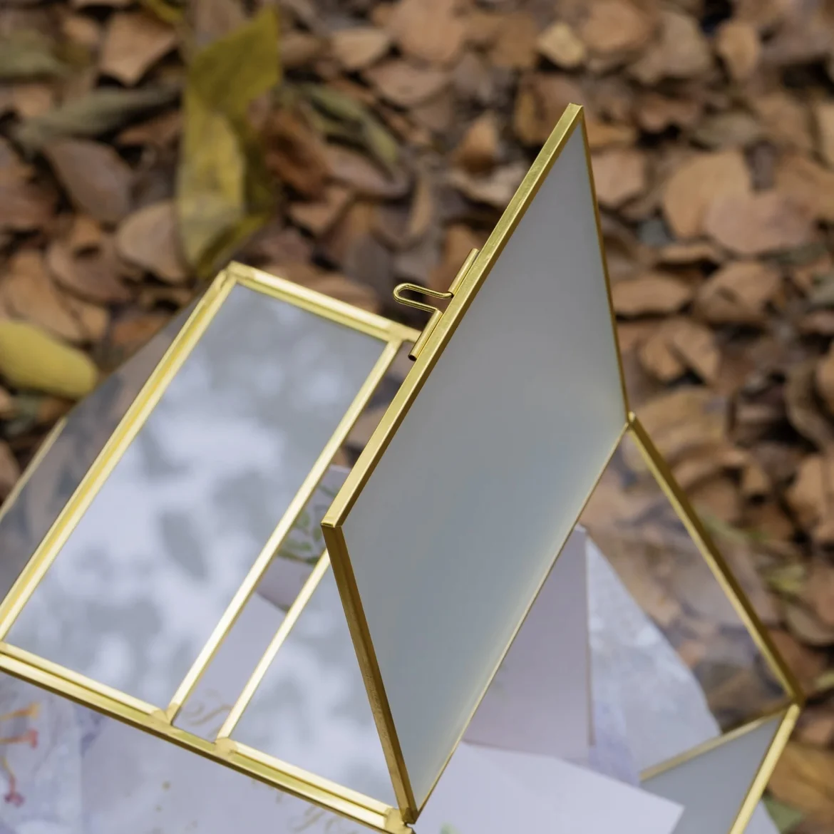 Modern Luxury Wedding Glass Card Box Hexagon Gold Brass and Glass Envelope and Wishing Well Box with Slot