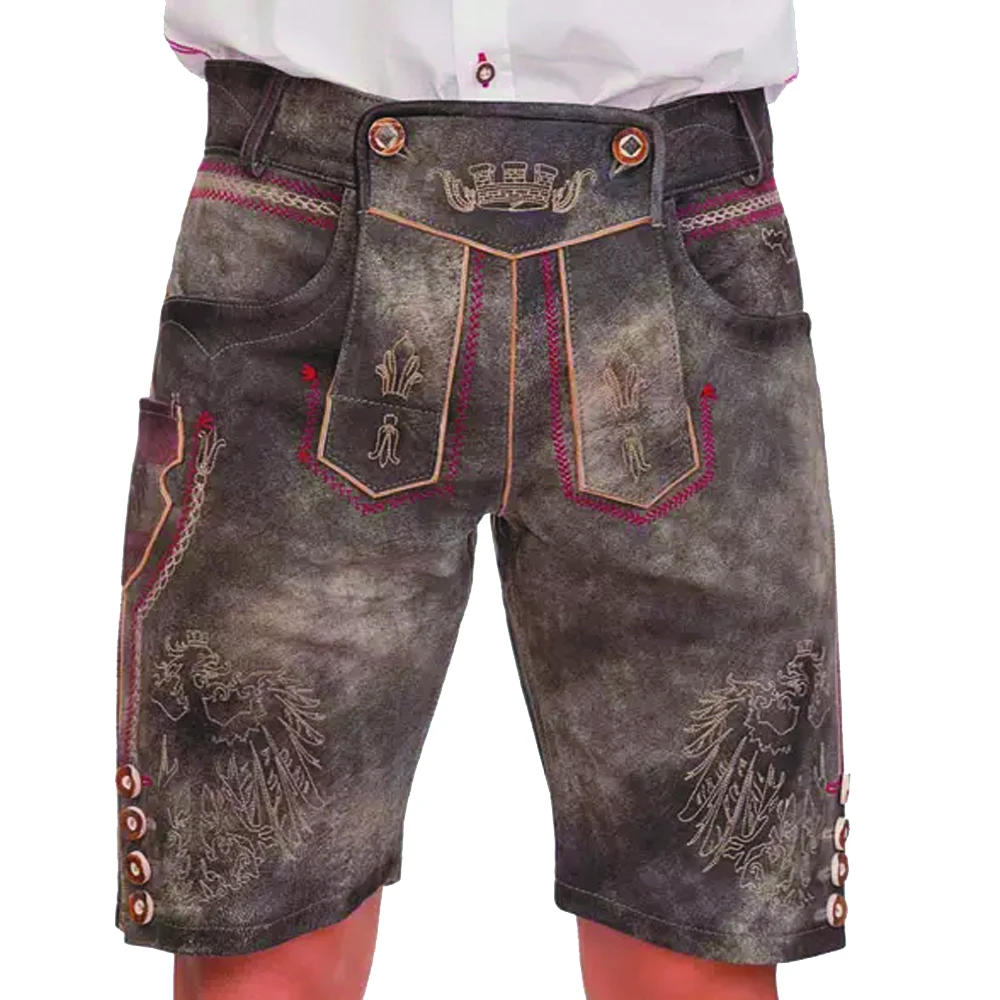 Стильные баварские брюки Lederhosen мужские кожаные с подтяжками ledersosen trachten lederhosen (Баварская одежда