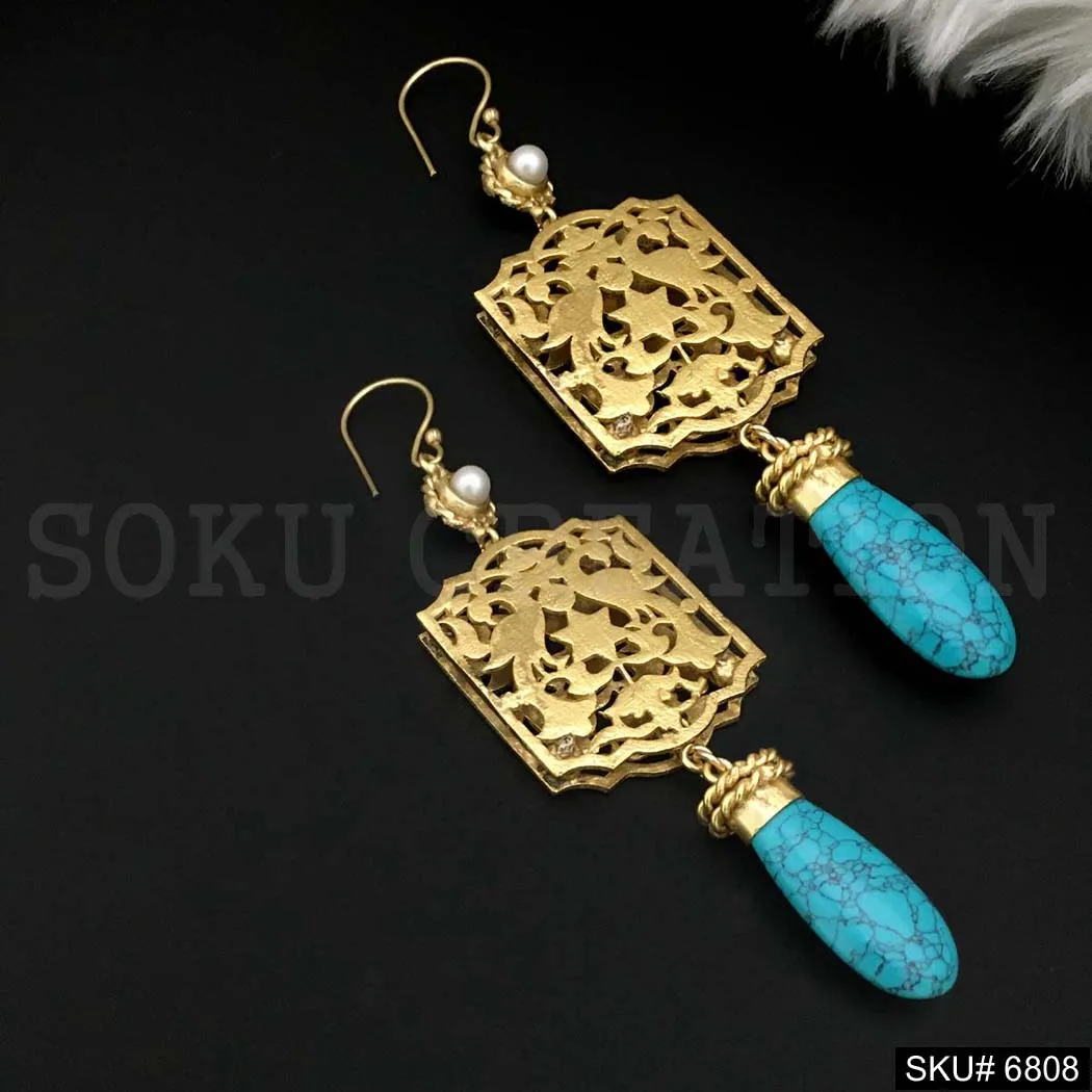 Gold plated Stylish Pearl and Turquoise Stone Vintage Style Handmade Ear wire Earring SKU6808 Handmade Premium