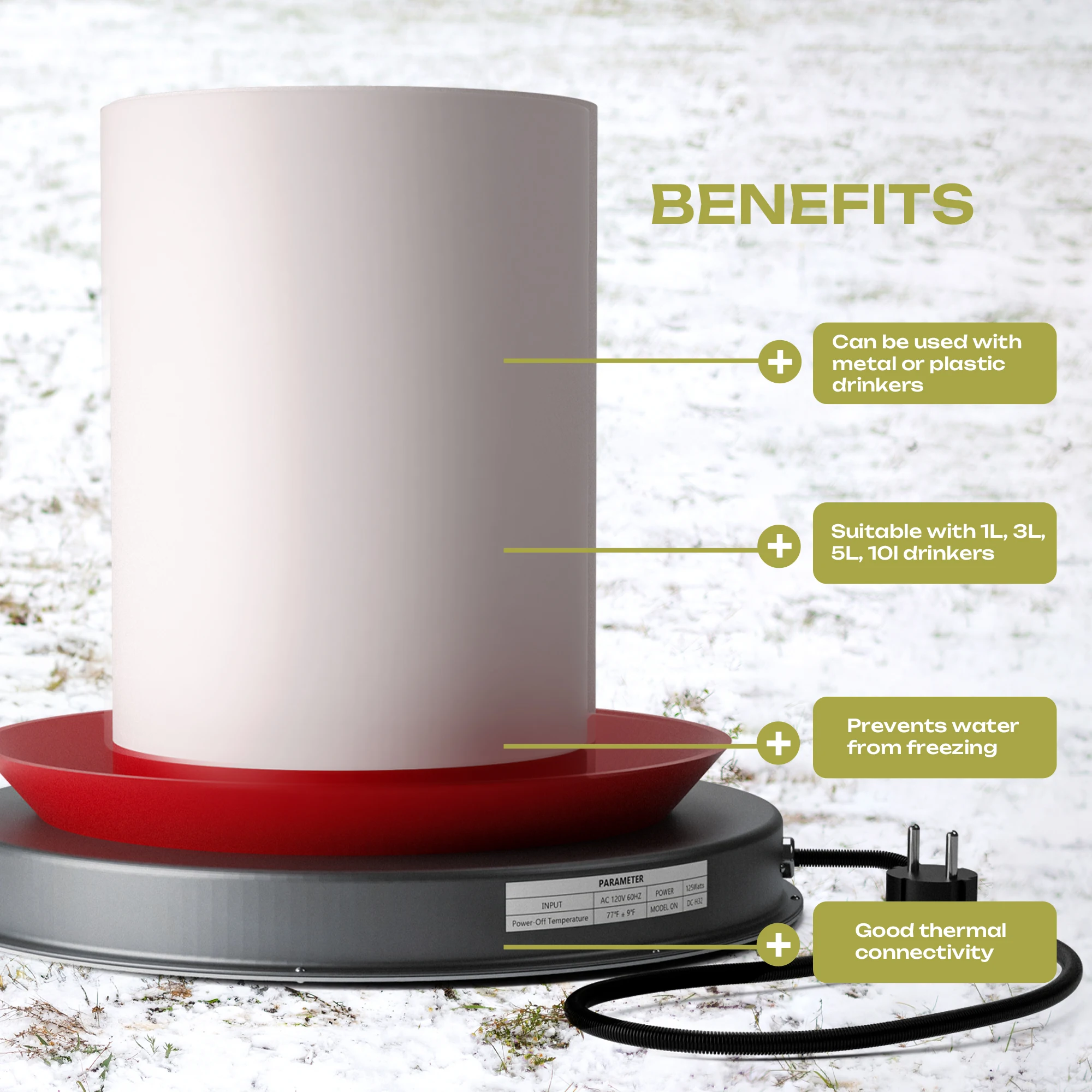 High-Efficiency Heated Base for Poultry Drinkers Rust-Resistant 120V/220V