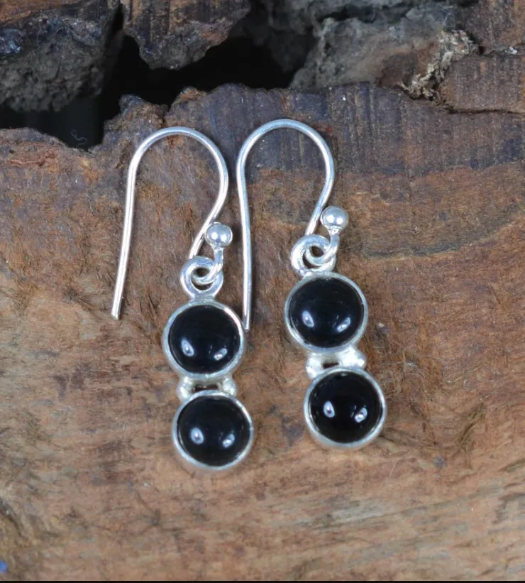 Black Onyx Two Stone 925 Sterling Silver Earring Natural Black Onyx Gemstone Earring For Girls