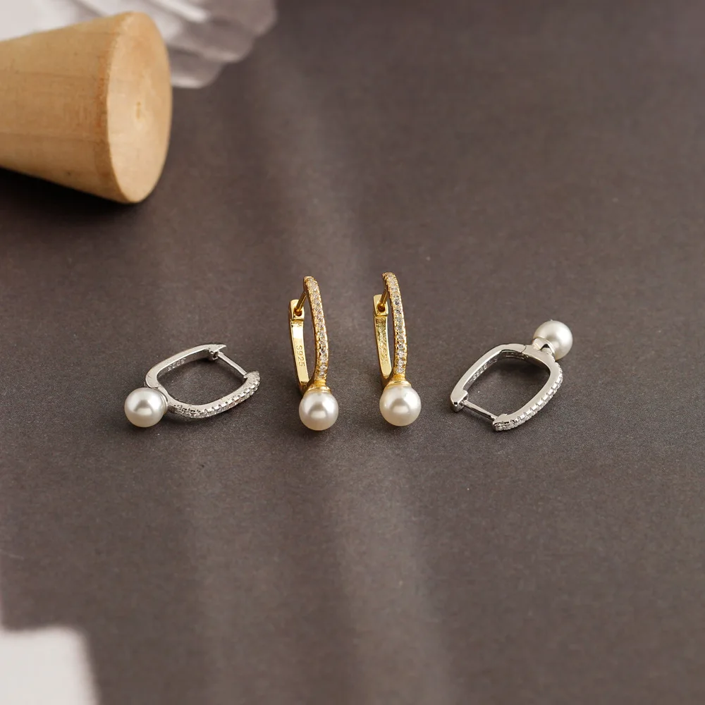 wholesale fashion jewelry 925 sterling silver U-shaped pearl diamond zircon gold plated hoop earring jewelry for women