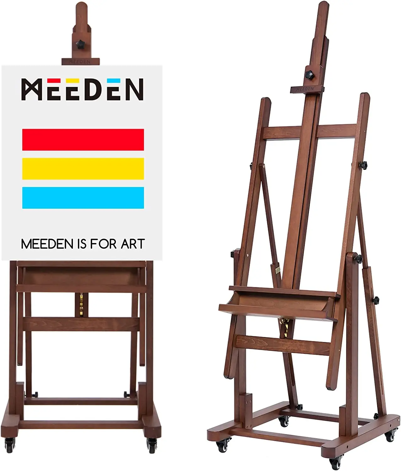 MEEDEN Extra Large H-Frame Studio Solid Beech Wooden Artist Professional Heavy-Duty Easel Painting Art Easel Stand with Wheels