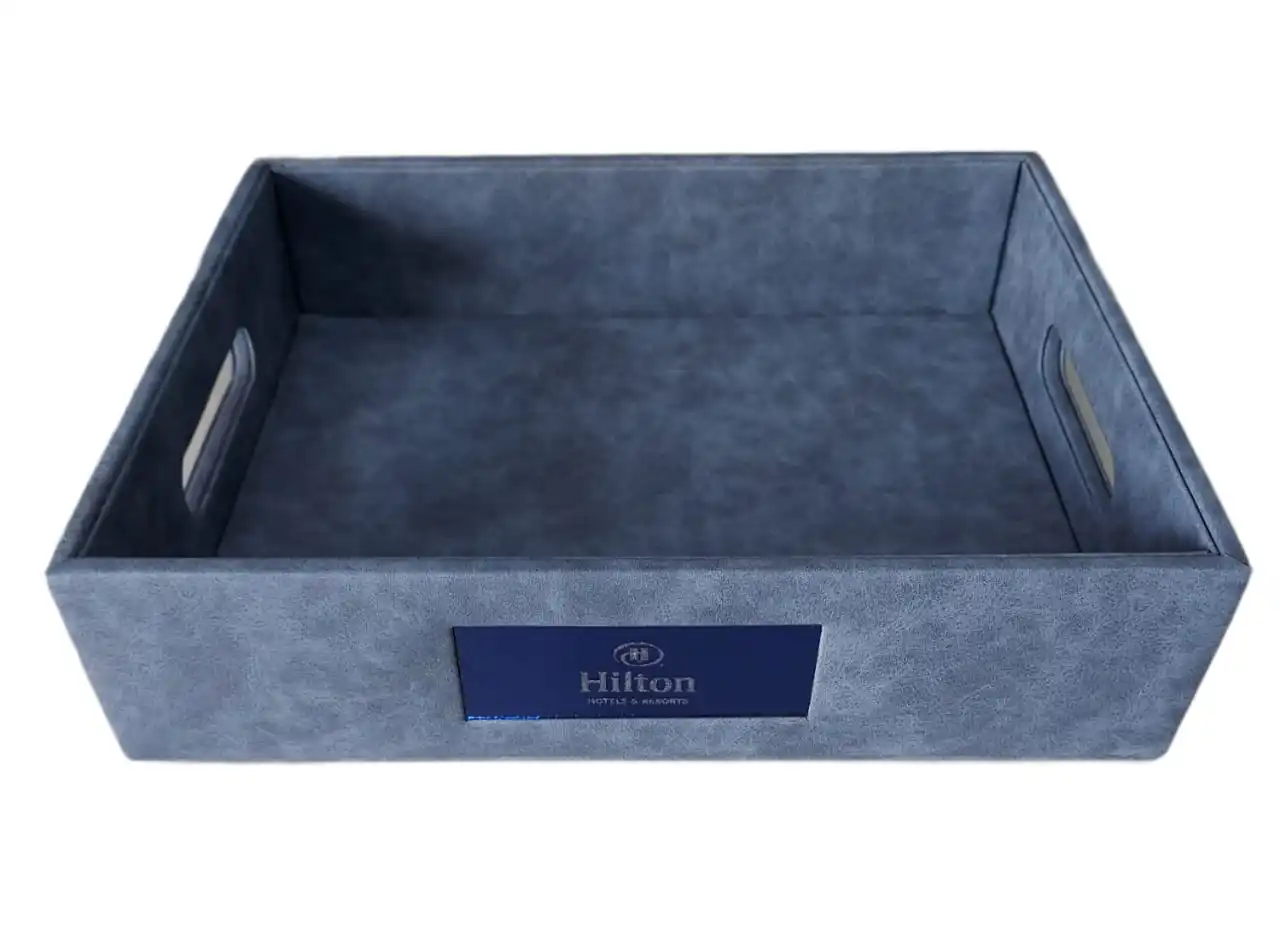 Leather and Bamboo Cut Handle Serving Tray Hospitality Products for Tissue Box Menu Folders Bill Folder Leather Bins
