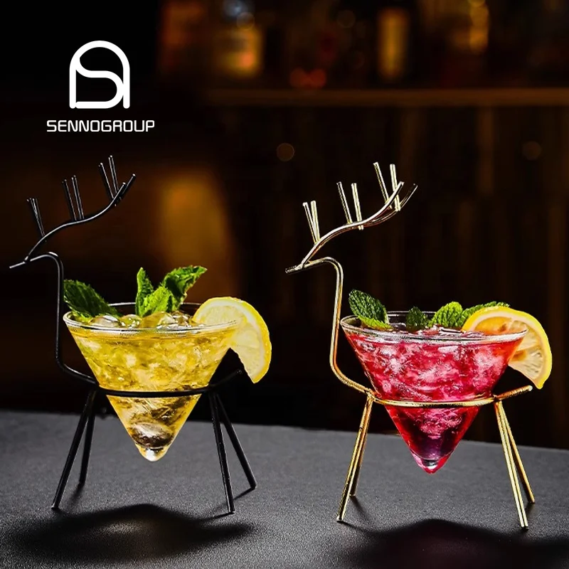 Creative Deer Shaped Cocktail Glasses Crystal Cone Whisky Wine Cocktail Glass With Metal Rack For Bar