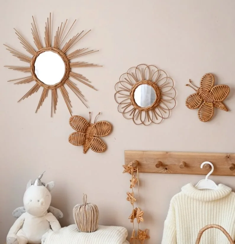 New Arrival Customized Wall Decoration Rattan Mirrors Frames China Customized Wooden rattan set Mirrors Wicker wall Decoration