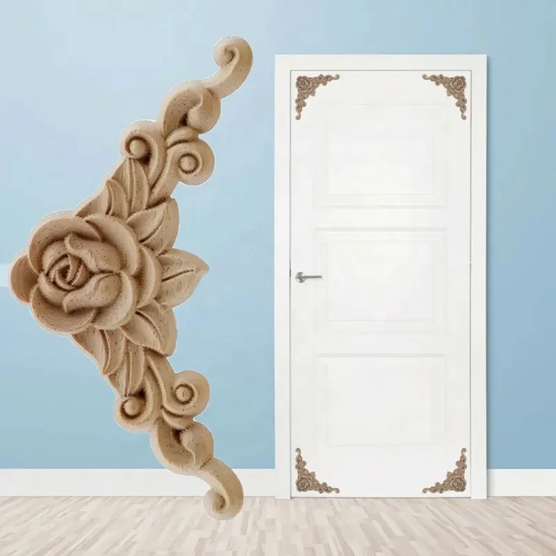 4 pcs Natural Floral Wooden Figurines Crafts Wood Carved Corner Appliques Frame Wall Door Furniture Wooden Carving  Decor Decal