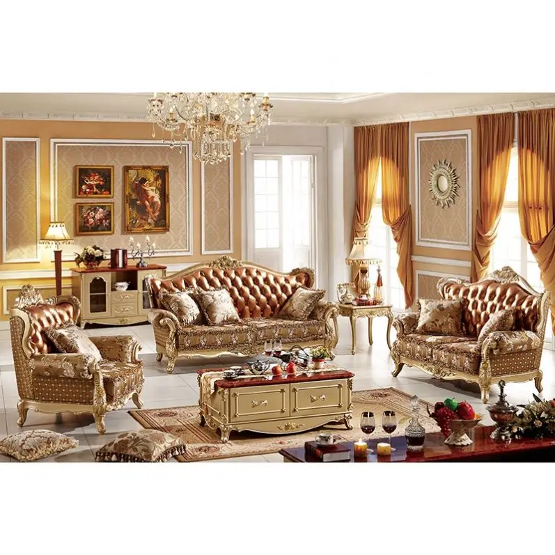 7 Seater Royal Luxury Antique Living Room Furniture Original Leather Sofa Set White And Gold Fabric Living Room Sofa Set