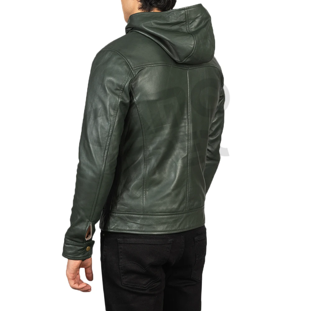 Wholesale OEM ODM Full Sleeves Hooded Real Leather Zipper Up Green Leather Bomber Jackets New Arrivals Sheepskin Hooded Jackets