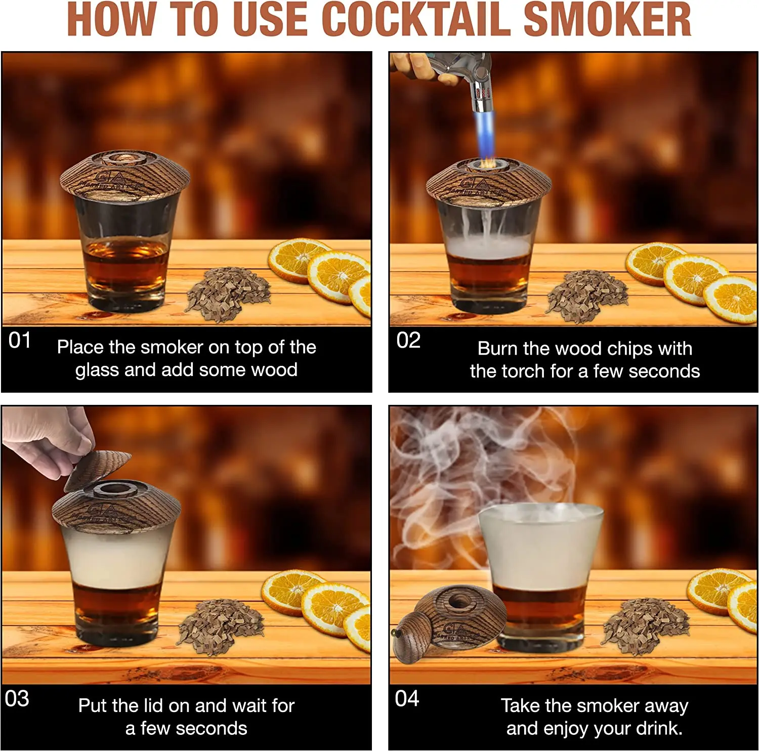 Cocktail Smoker Kit with Torch and Wood Chips for Whiskey and Bourbon (Butane Not Included) - Smoke Lid, an Old