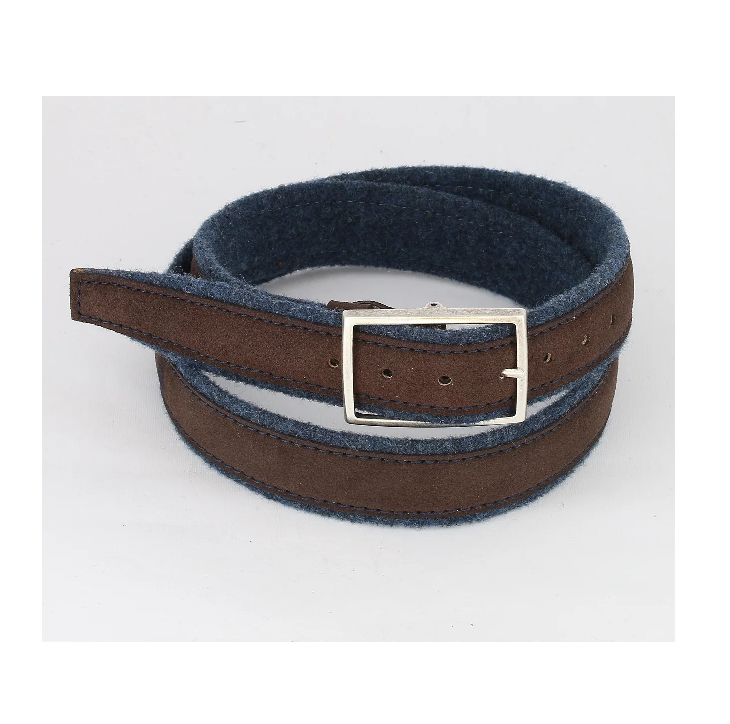GENUINE CALFSKIN LEATHER ANDVIRGIN WOOL HAND MADE IN ITALY MEN BELT WITH LEATHER STITCHING SEWN ABOVE AND STEEL BUCKLE