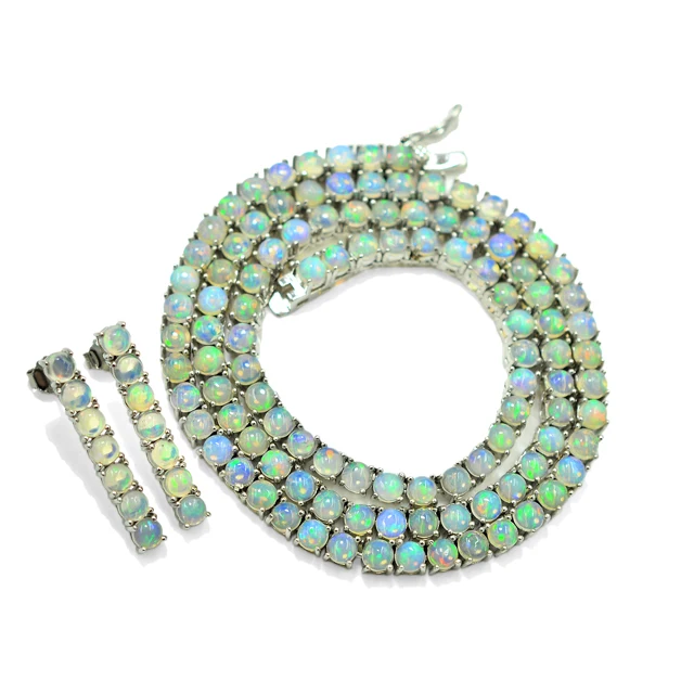 New Exclusive Natural Ethiopian Opal 4 MM Round 925 Sterling Silver Tennis Style Necklace Earring Set Manufacturer From India