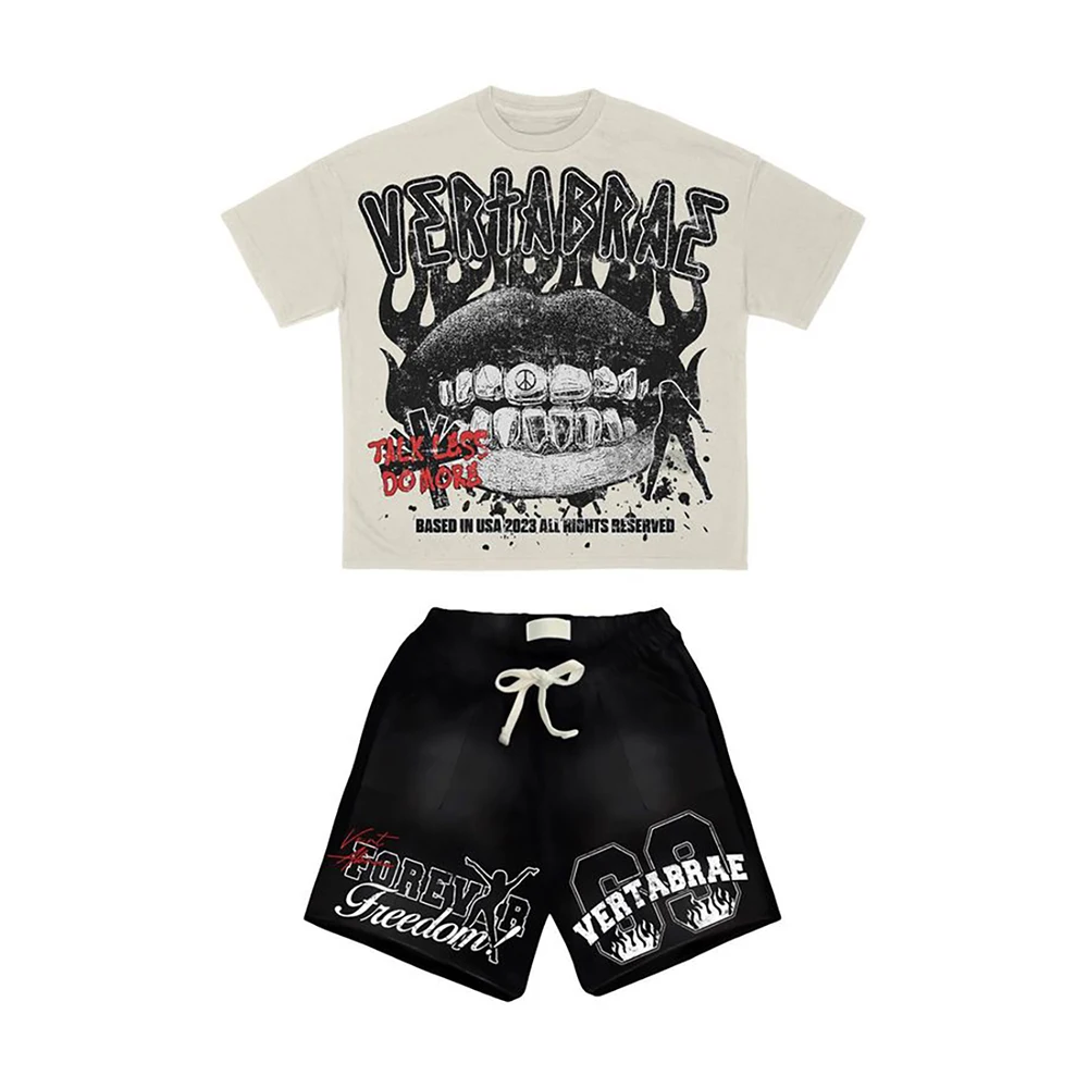 Wholesale Custom Print Logo Wash Two Piece Graphic T Shirts and Short Set Summer 2 Shirt Shorts Tracksuit for Men