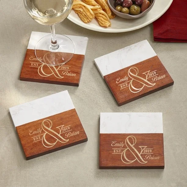 Wholesale Natural Round Square Hexagon White Marble Acacia Wood Coasters For Drinks coasters