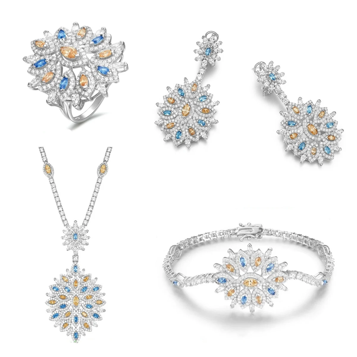 Hot Luxury Shiny 5A Cube Zirconia Diamond Ladies Women Fashion Jewelry Sets Necklace Earring Bracelets Ring Sweater Chain