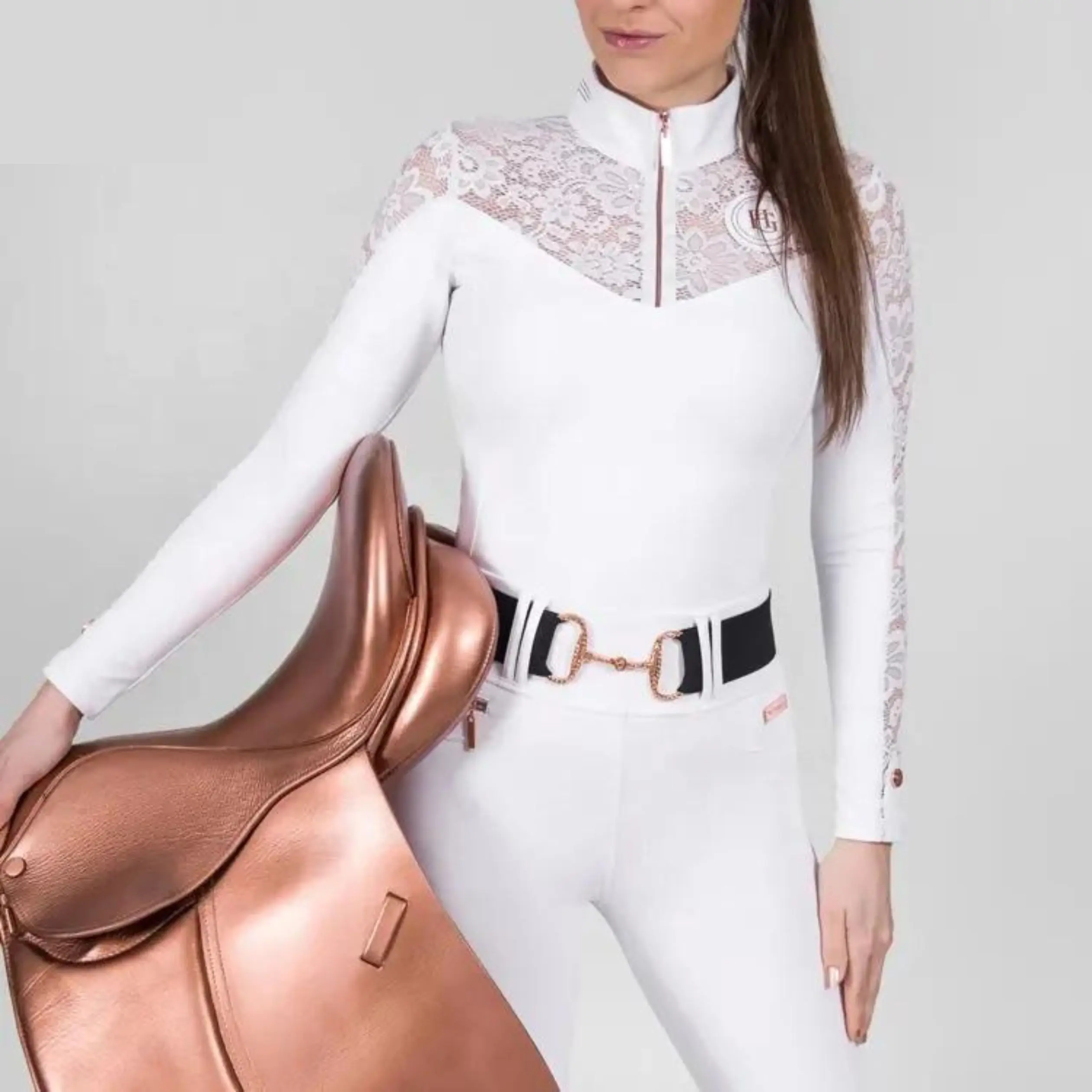 New Horse Riding Shirt Tops Short Sleeves Equestrian Clothing White Rose Gold Lace Competition Shirt