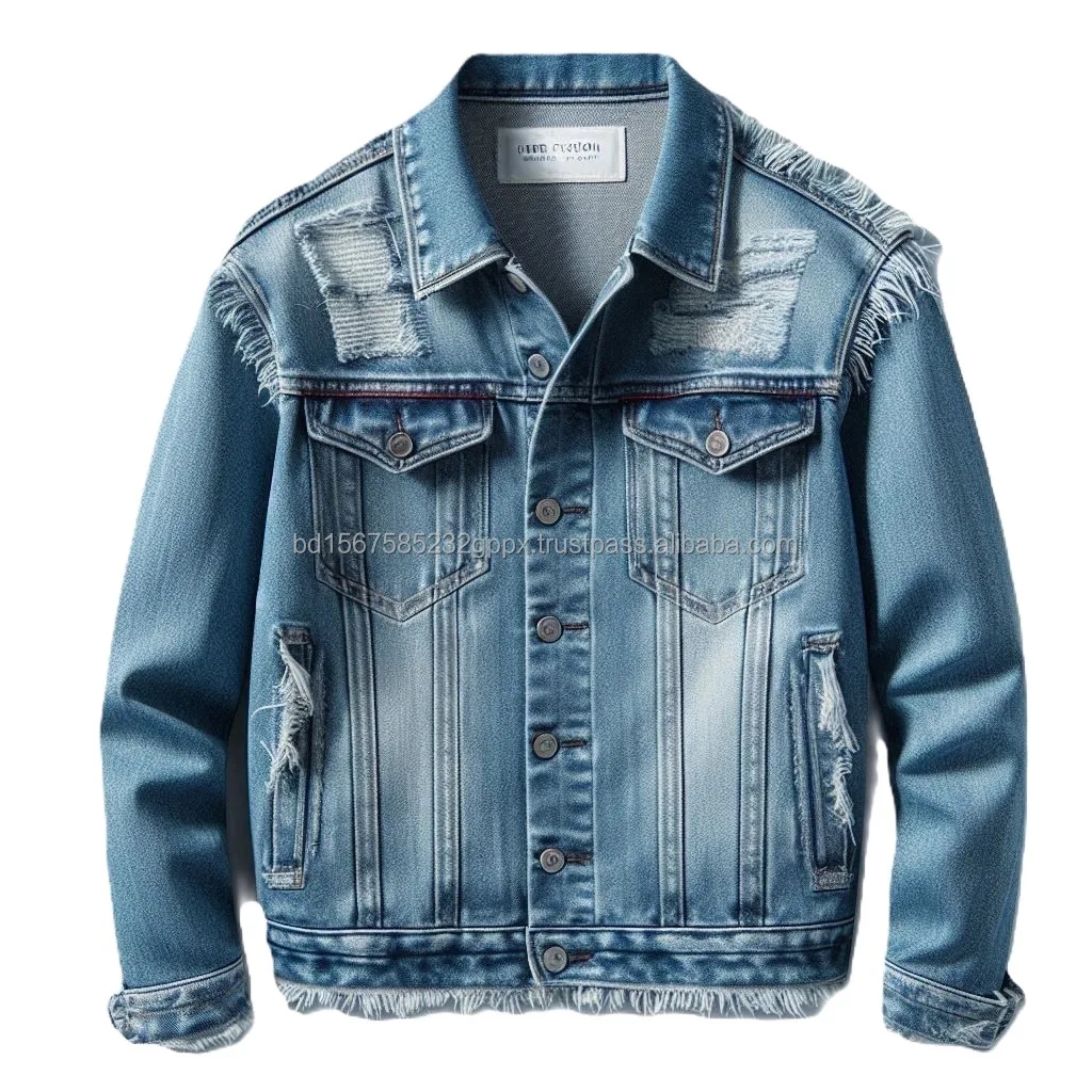 Custom Designed Distressed Denim Jacket with High Denier Fabric Washed Ripped Patterns Trending Styles Winter Pockets Collar