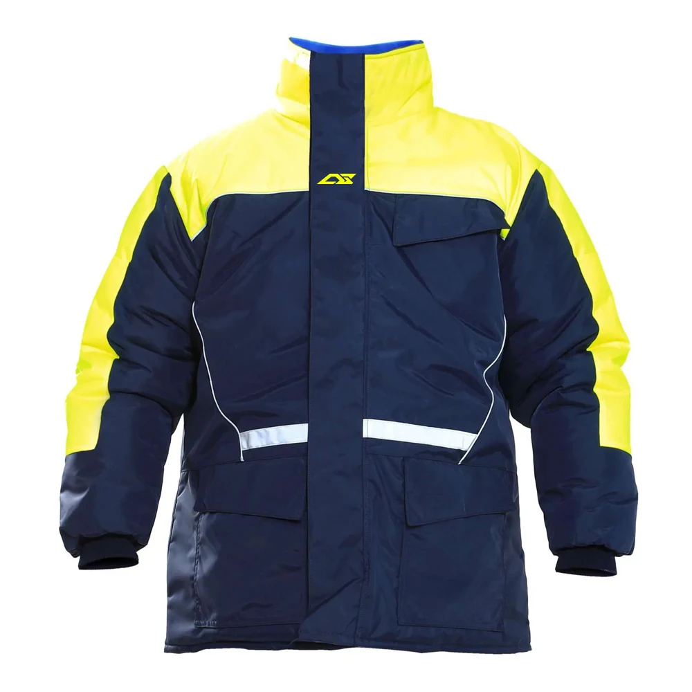 Fluorescent Cold Storage Workwear Jacket Reflective Bands Water-Repellent Quilted Insulation Polar Fleece Collar Safety Features