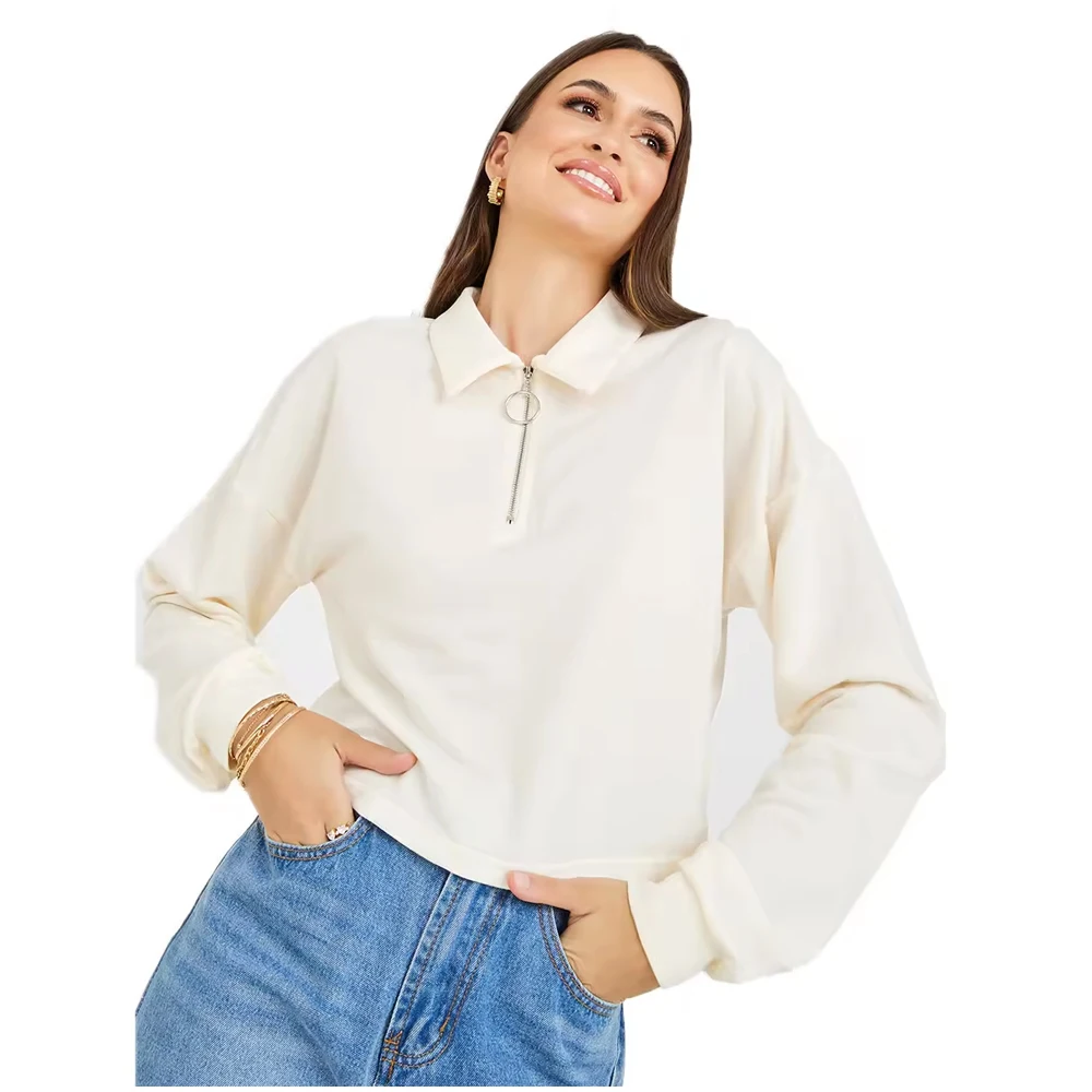 Premium Cropped Oversize Polo Shirts Casual Wear Turn Down Drop Shoulder Polo Shirts Breathable Long Sleeve Polo T Shirts Ladies
