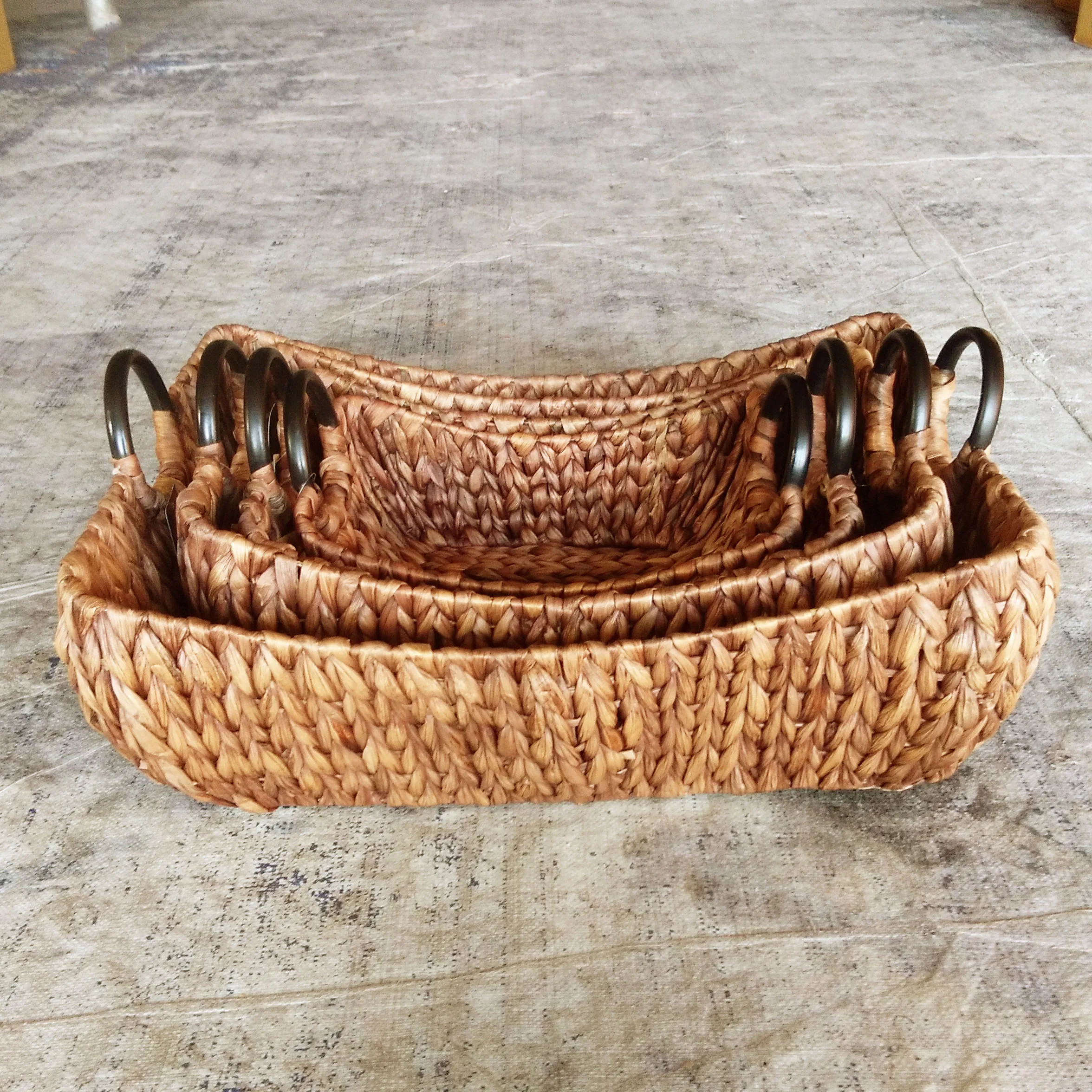 Handicrafts Water Hyacinth Laundry Baskets Set of Four Iron Frame Brown Washed
