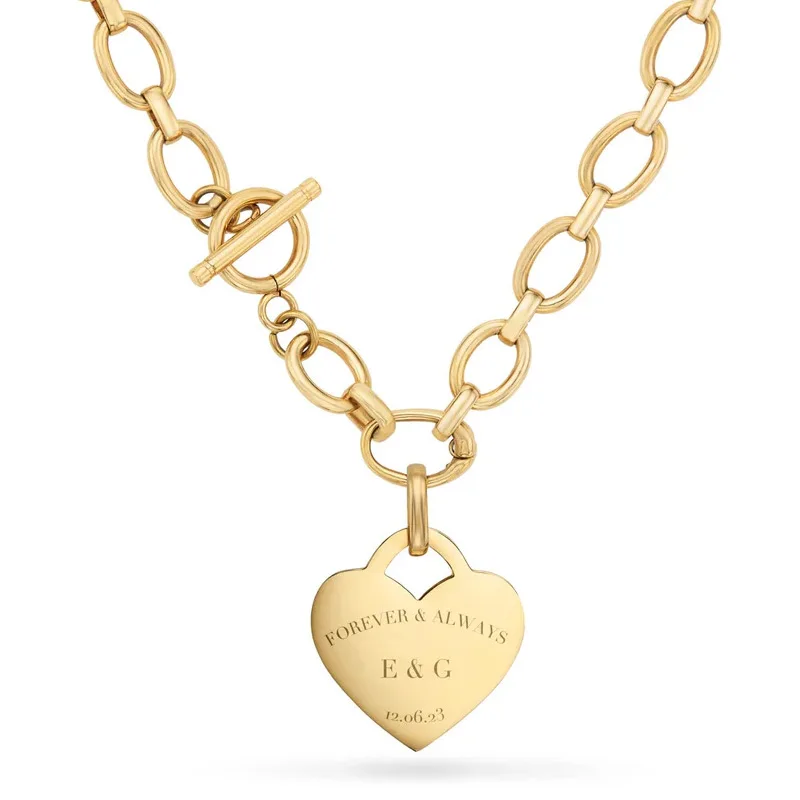 LUCKYDG Waterproof Tarnish Free 18K Gold Plated Stainless Steel personalised engraving Custom Heart Token Oval Chain Necklace