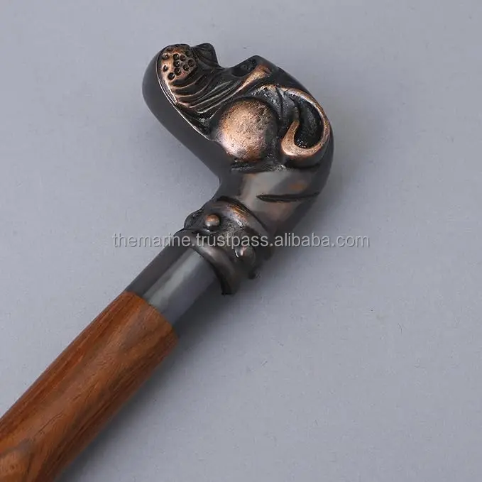 36' Large Shiny Brass Dog Head Handle With  Brown Wooden Shaft Wooden Seniors Walking Stick Gift For Parents