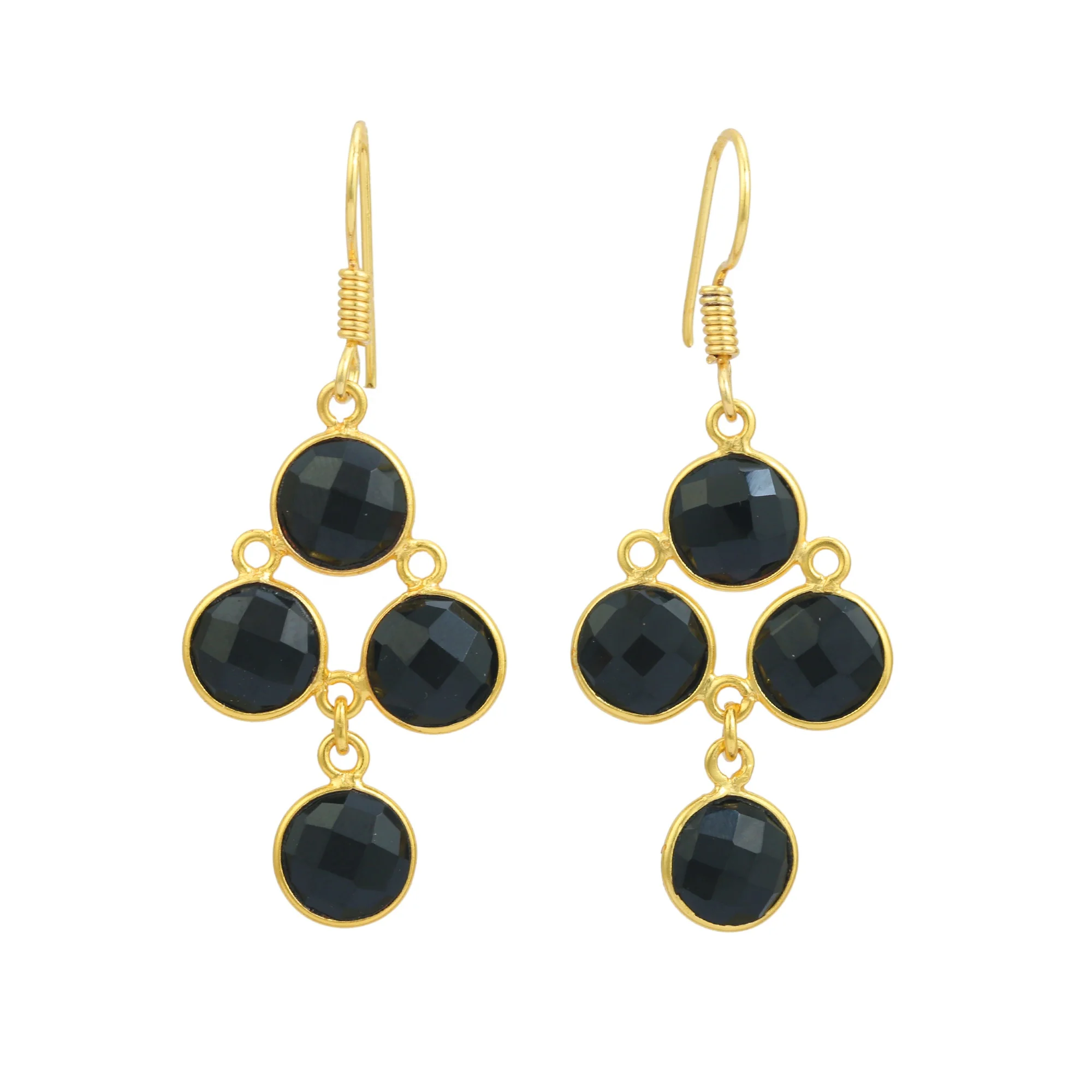 Fashion Jewelry Earrings   925 Sterling silver Black Onyx Round Shape and Fancy Earring 18k Gold Plated Earring
