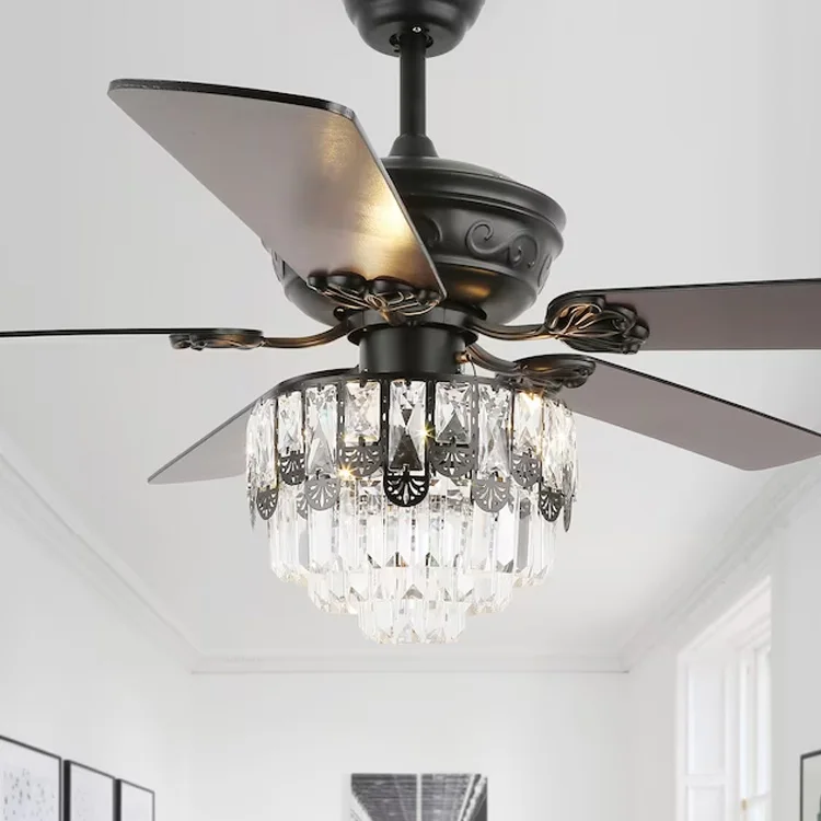 Black 5 Dual Sided Reversible Blades Contemporary Crystal Ceiling Fan Light Color Changing Indoor Silent Chandelier Ceiling Fan