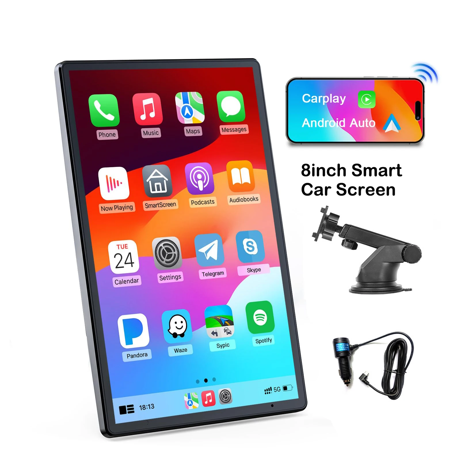 8' Wireless Apple Carplay Screen & Android Auto Portrait and Landscape Screen Portable Car Audio Receivers Navigation for Car