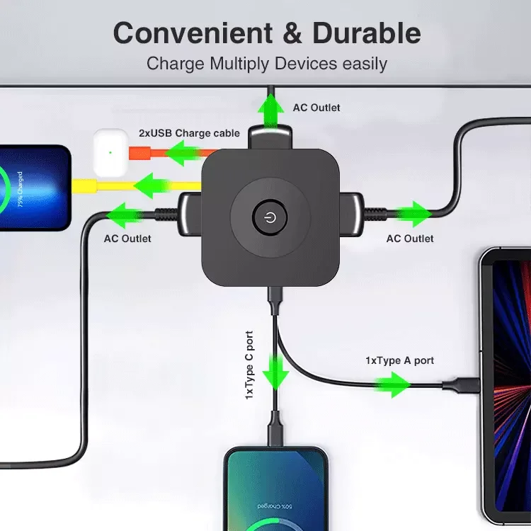 Compact and Portable French Multiple Socket Power Cube Socket for Home Office With USB and Charging Cable