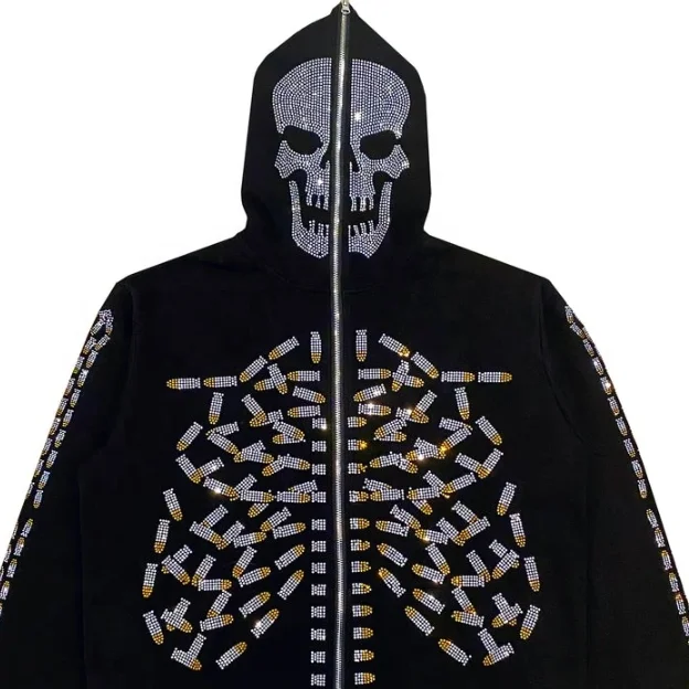Custom heavy weight full face zip up hoodie rhinestone skull print hoodie sweatshirt for men horn hoodie