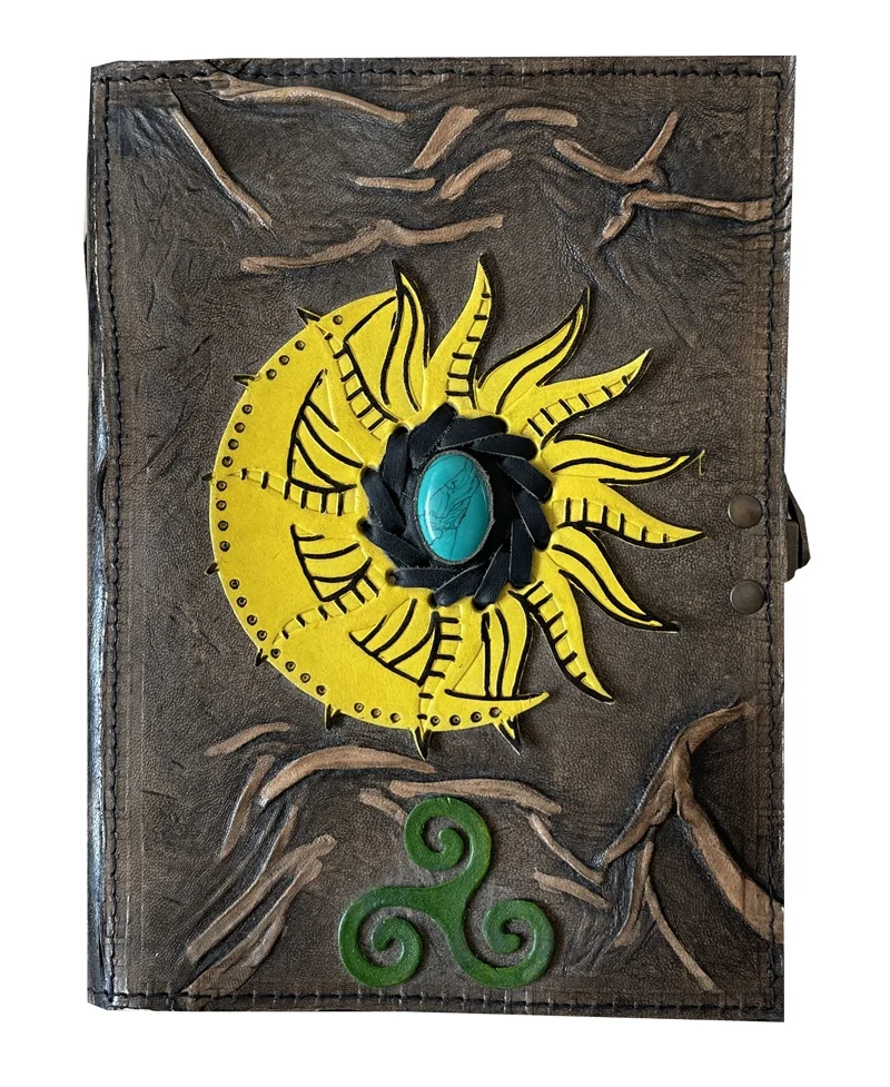Sun Moon Stone Vintage Leather Handmade Embossed Diary Kraft Journal Notebook Manual Account Book Wholesale Gift Set deckle