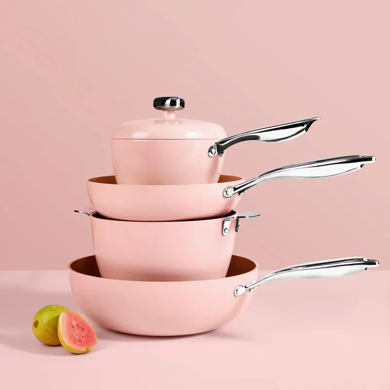 Pink Cookware Four Piece Fashion Pots Household Kitchen Multi Function Pot Set Nordic Style Simple Non Stick Cookware Set