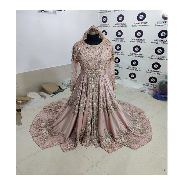 STYLISH & ELEGANT EMBROIDERY OF DABKA, CRYSTAL BEADS,GLASS STONE WORK ON BRIDAL  MOROCCAN KAFTAN WITH TRAIL KAFTAN DRESS