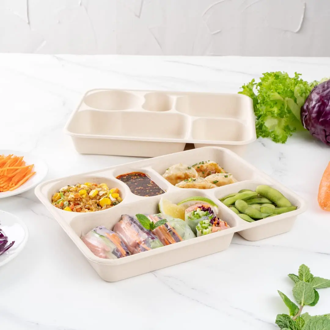 100% Biodegradable Compartment Bagasse Food Trays Disposable White Sugarcane Bagasse Tray for Food