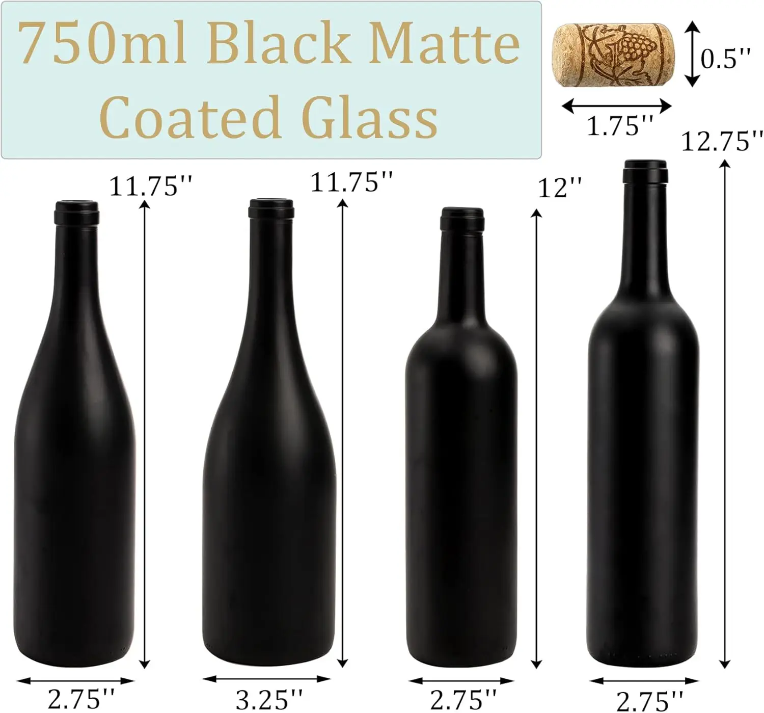 Empty Wine Bottle - 750ml Black Matte Coated Glass Wine Bottle with Cork Bordeaux Bottle