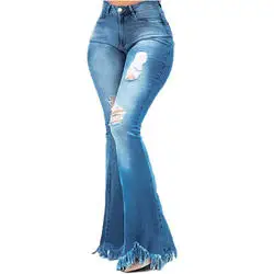 Wholesale Denim Stretch Slim 2023 New Trendy Plus Size Ripped Jeans Torn Washed Fit Flared Trousers Women High Waist Jeans