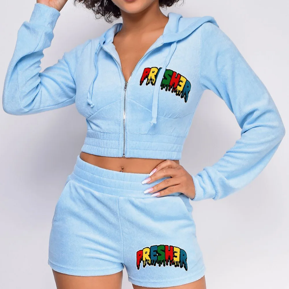 OEM Fashion Women Clothing 2 Piece Plus Size Zipper Tracksuit Sets Fitness Sports Jogging Ladies Crop Tops Sweatsuits