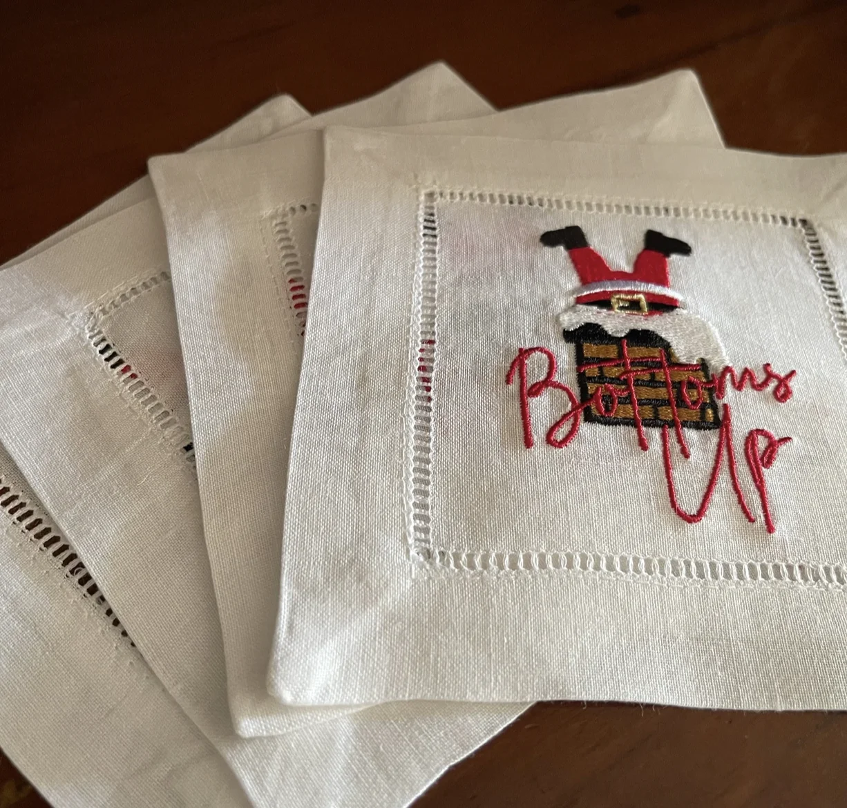 Bottoms up Santa Holiday Cocktail Cloth Napkins Embroidered for Festive Beverages