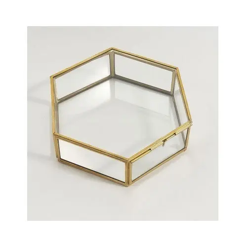 Unique Square And Brass Gold Mirror Box Trinket Packaging Jewelry Organizer Glass Box Wedding Decoration Glass Brass Jewelry Box