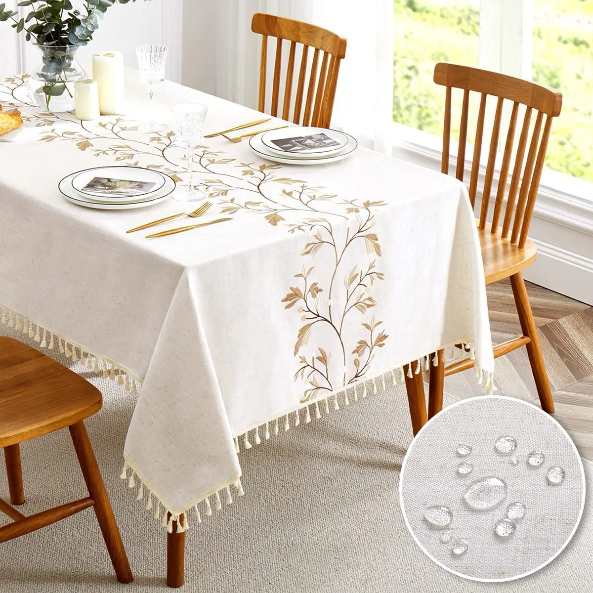 Embroidered Tablecloth for Dining Table,Dust Proof Spillproof Soil Resistant Cotton Linen Rectangle Table Cloths OEM