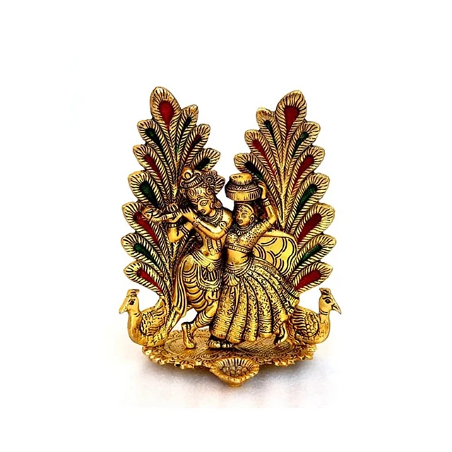 New Arrival Handcrafted Metal Gold Plated Radha Krishna With Deepak Design Statue For Home Decoration From Indian Manufacturer